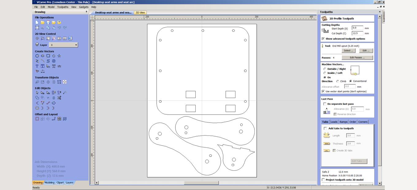 Screenshot of CNC software with chari part designs