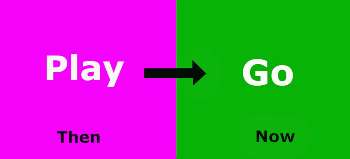 A pink square on the left with the word PLAY in the center and the word THEN at the bottom, and a green square on the right with the word GO in the center and the word NOW on the bottom. A black arrow connects the boxes and points from PLAY to GO.