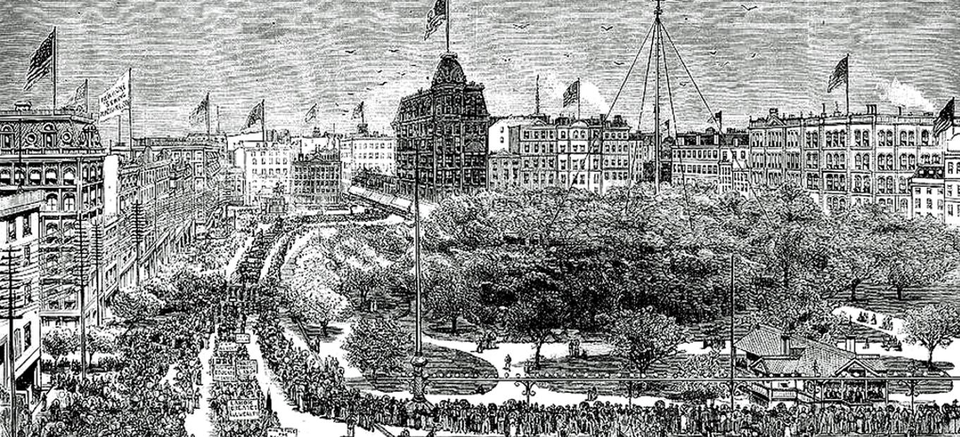 Lithograph of 1882 Labor Day parade in New York City showing long lines of people marching around a square, waving banners and flags