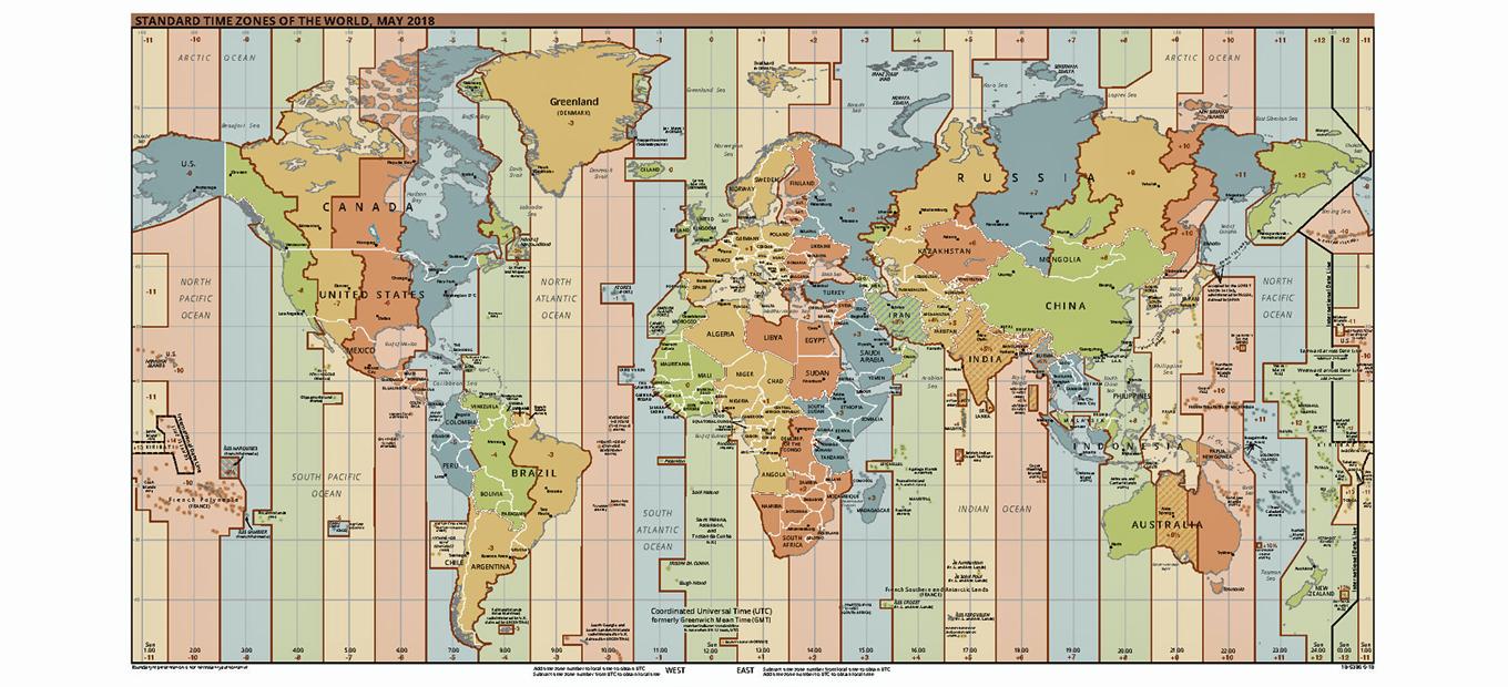 Detailed, color-coded map of worldwide time zones