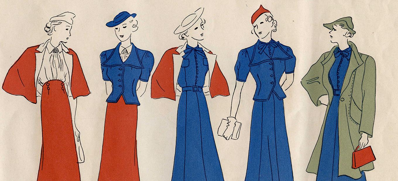 Stylized drawings of 5 women wearing various designs from the Vogue Pattern Book, 1937