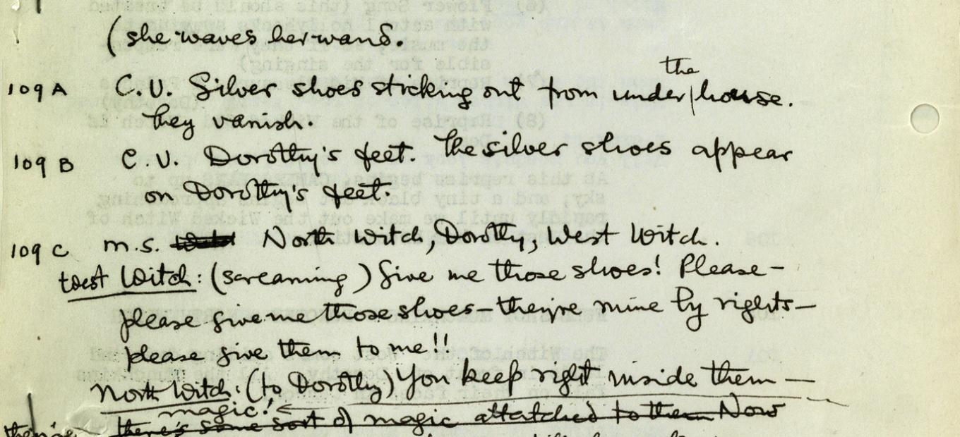 Section of the original Wizard of Oz script where Dorothy's slippers are described as silver