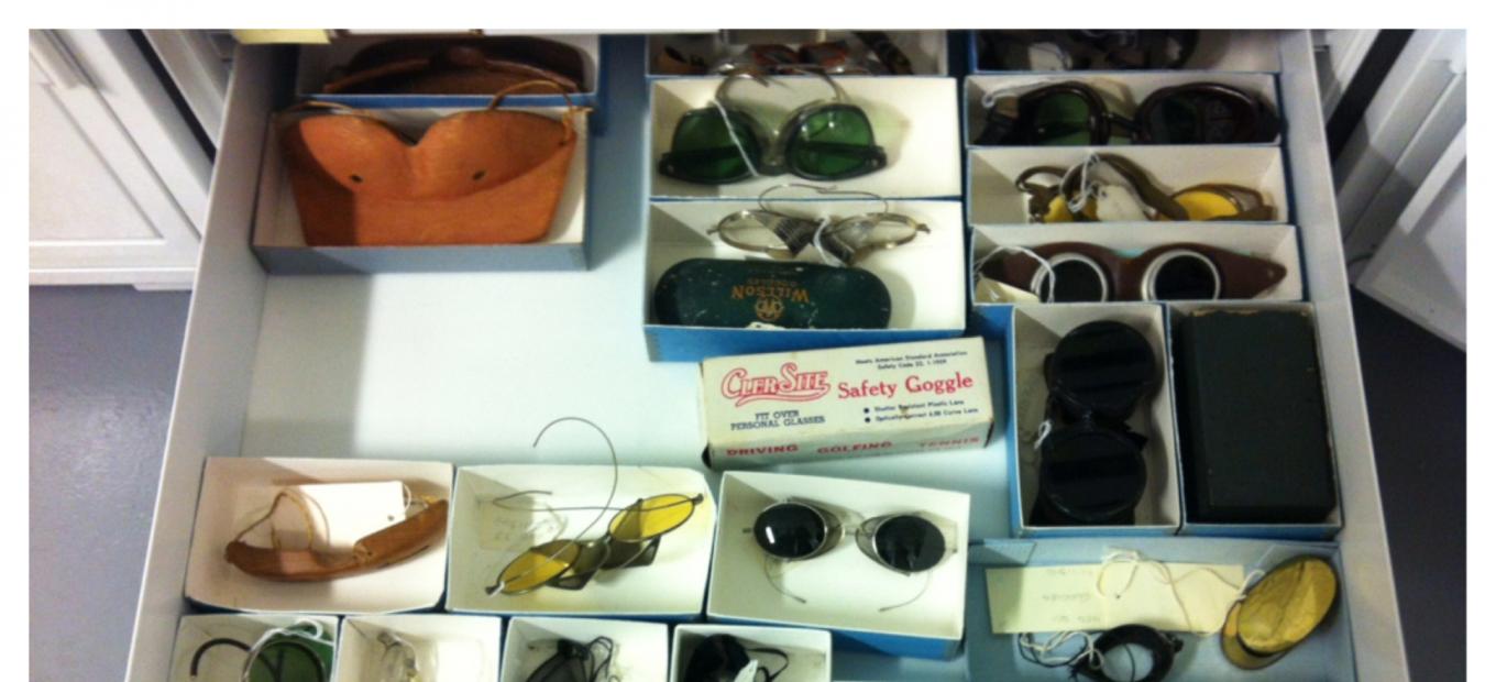 A large collection of historic eyeglasses