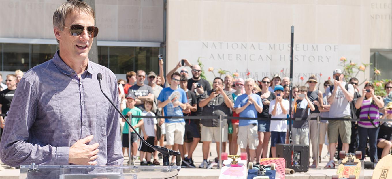Tony Hawk donates his first skateboard to the National Museum of American History during Innoskate 2013