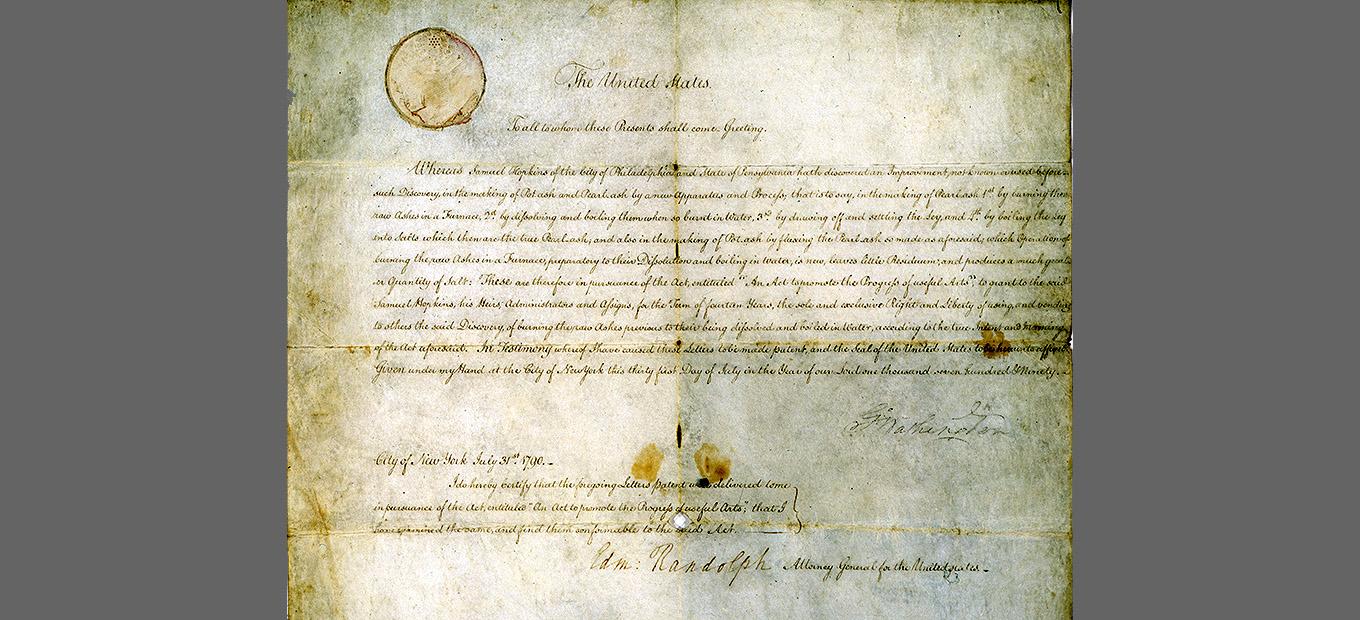 Handwritten first patent, signed by George Washington