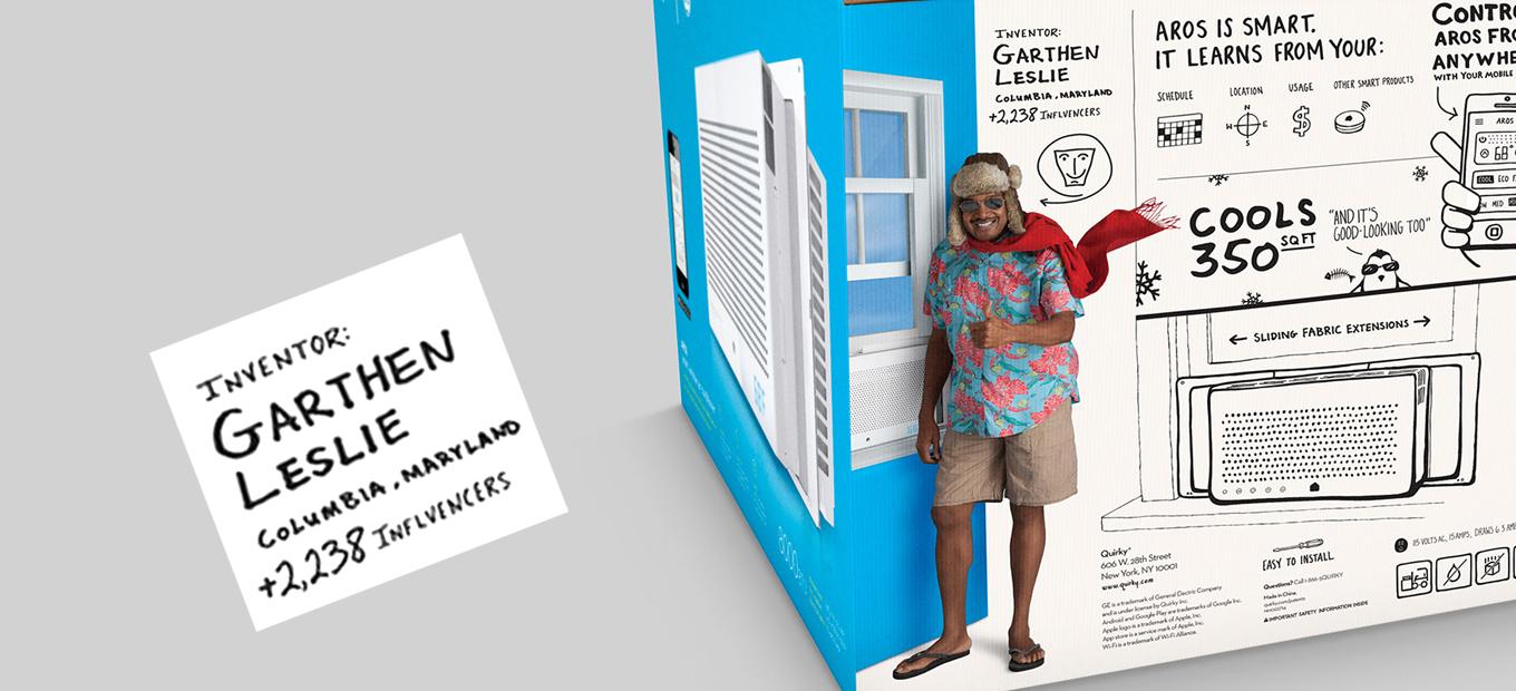 Partial view of Aros air conditioner packing box, featuring an image of inventor Garthen Leslie. He is wearing flip-flops, shorts, a Hawaiian shirt, sunglasses, a scarf, and a furry hat with ear flaps. Drawings on the box describe air conditioner features
