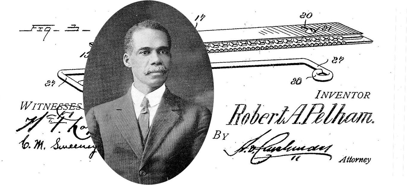 Composite image of portrait of Robert Pelham and detail from patent drawing