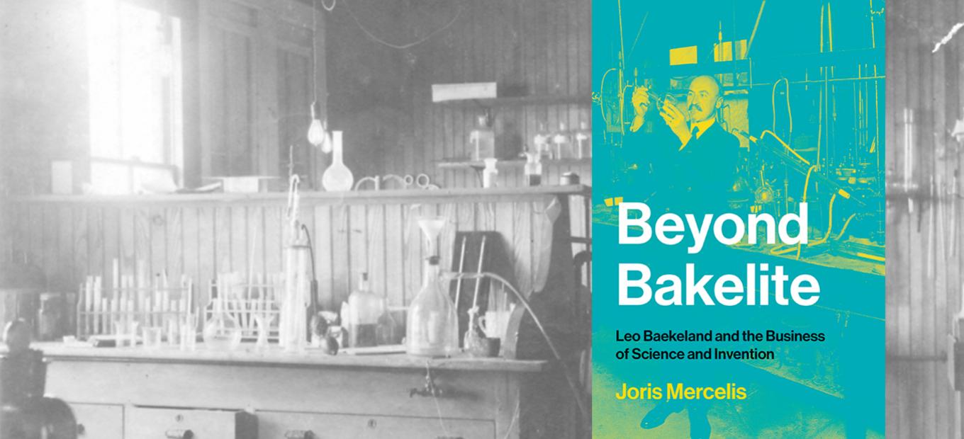 A grayed-out view of a chemical lab with and overlay of the book cover in color, showing Baekeland in his lab