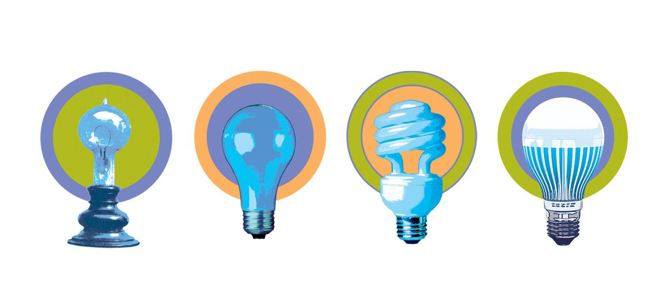 Graphic illustration of 4 stylized light bulbs. Left to right: Edison incandescent lamp; contemporary incandescent bulb; compact fluorescent bulb, LED bulb