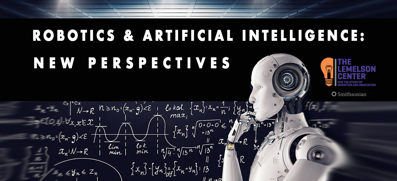 Illustration of a humanoid robot, hand to chin as if thinking, in profile against a blackboard covered in mathematical equations