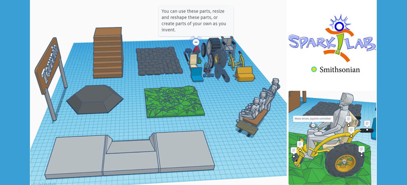 Computer-generated illustration terrain obstacles like stairs and brick surfaces, with wheelchair parts like tires, seats, and frames, and a close-up of a wheelchair and user for rough terrain.