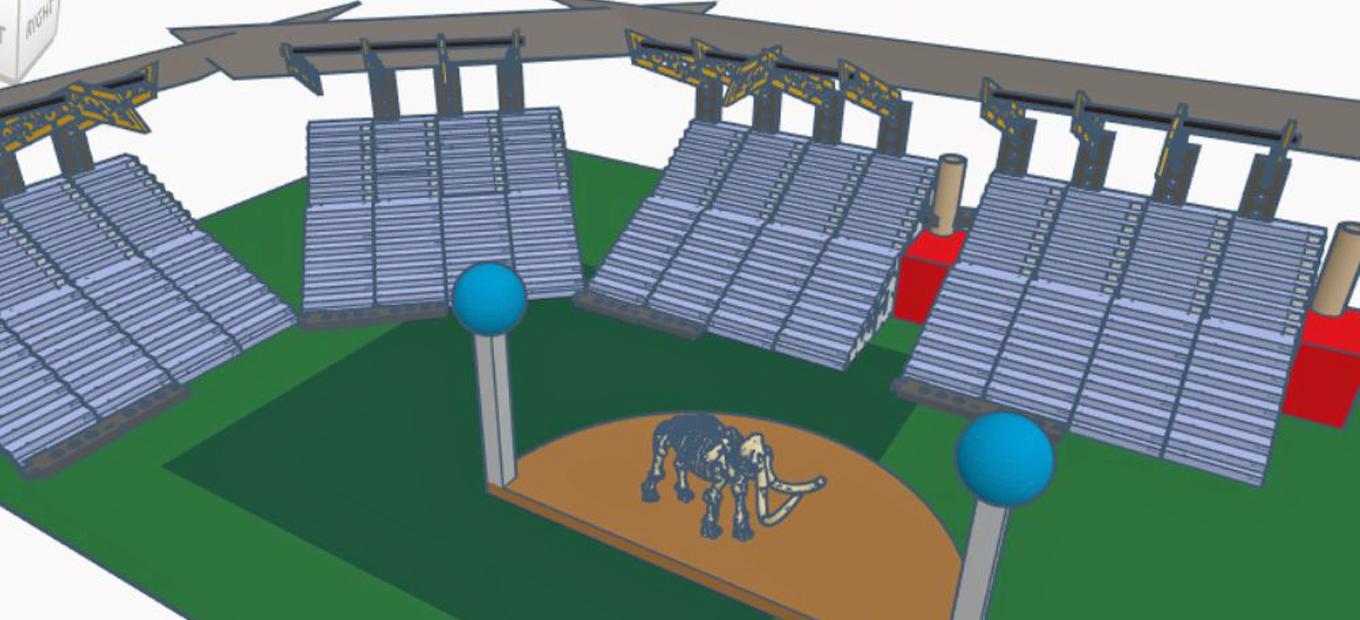 Tinkercad computer graphic rendering of a stadium with a woolly mammoth on the playing field
