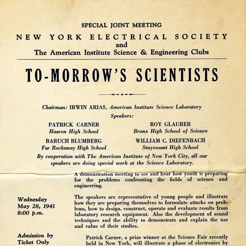 To-Morrow's Scientists flyer for a meeting of the New York Electrical Society and the American Institute Science and Engineering Clubs on Wednesday 28 May 1941. Speakers: Patrick Carner, Roy Gluber, Baruch Blumberg, William Diefenbach.