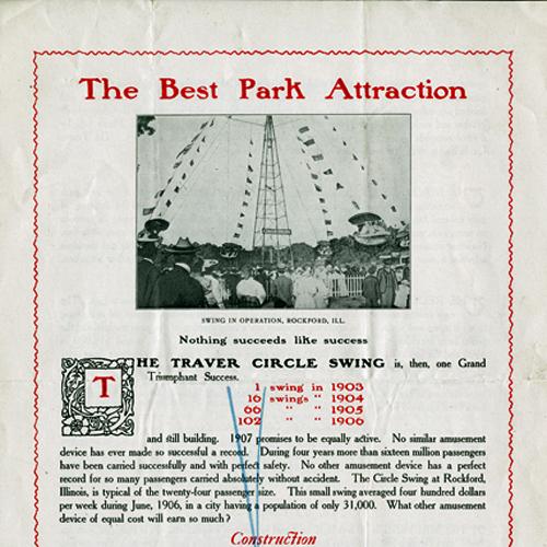 Detail of Print ad for the Traver Circle Swing, “The Best Park Attraction,” includes a photo of the swing tower in operation in Rockford, Illinois.