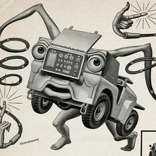 Cartoon-style drawing of a Jeep with legs, arms, eyes, and a mouth