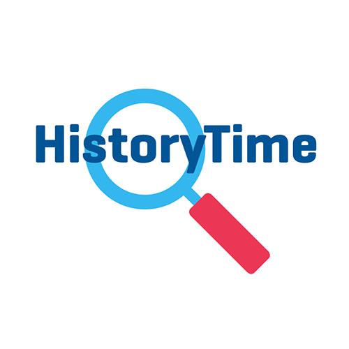 Logo: words History Time in blue superimposed over a light blue magnifying glass with a red handle