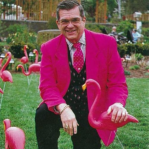 Don Featherstone posing with plastic pink flamingos on a lawn
