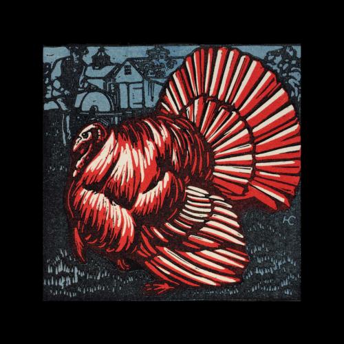 Color woodcut of a turkey in profile, with a farmer sharpening his knife in the background