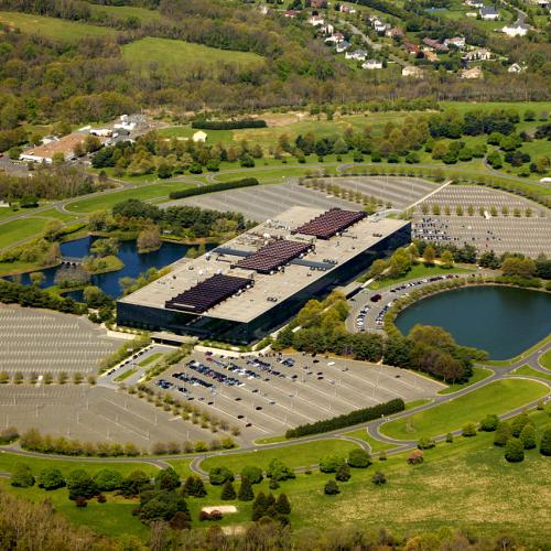 Aerial photo of AT&T's sprawling 472-acre campus for Bell Labs in suburban Holmdel, NJ.