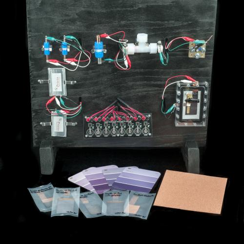 Prototypes of several batteries invented by Amy Prieto are displayed on a vertical black wooden board