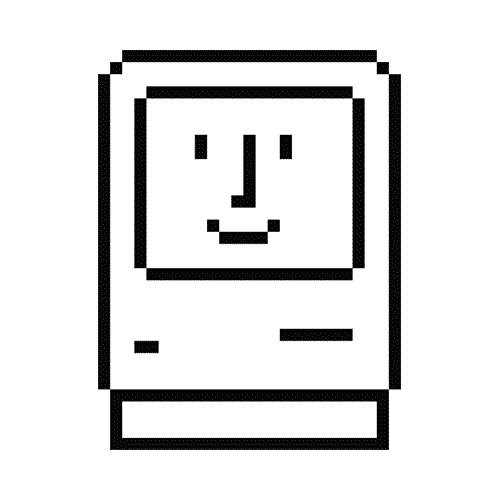 A black-and-white icon of a Mac Classic computer with a smiling face on the screen. 