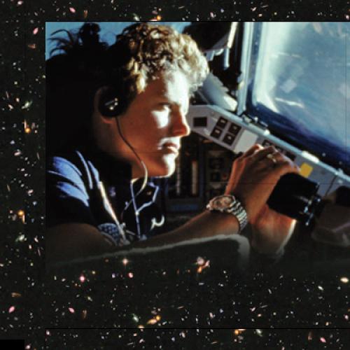 Detail of Handprints on Hubble book cover, showing astronaut Kathy Sullivan looking out the window of the space shuttle.