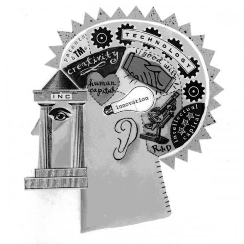 Logo for the Modern Inventors Documentation database, showing a stylized head with words like creativity and innovation written on different parts of the brain