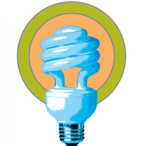 A stylized drawing of a compact fluorescent light bulb surrounded by a solid orange circle with a green border