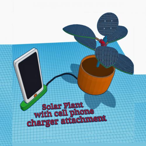 Computer-generated drawing of solar panels in the shape of a houseplant charging a cell phone